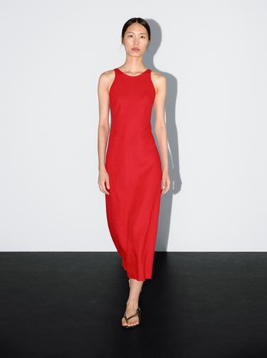 Vestido midi escote redondo 100% lino - Rojo de Zara