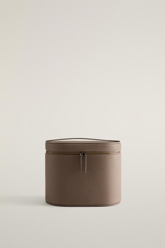 LEATHER SUEDE MIRRORED WASH BAG - Taupe Grey by Zara - Image 0