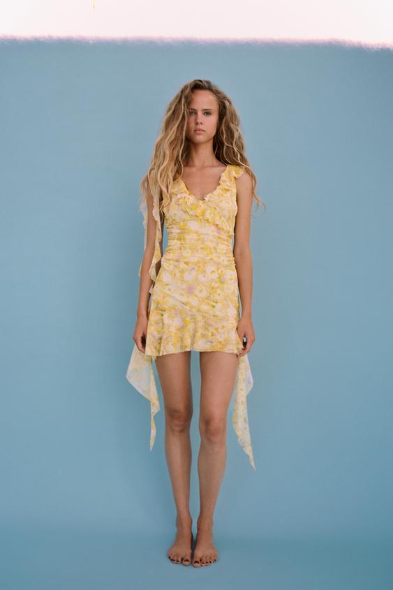 SHORT PRINTED TULLE DRESS - yellow | ZARA United States