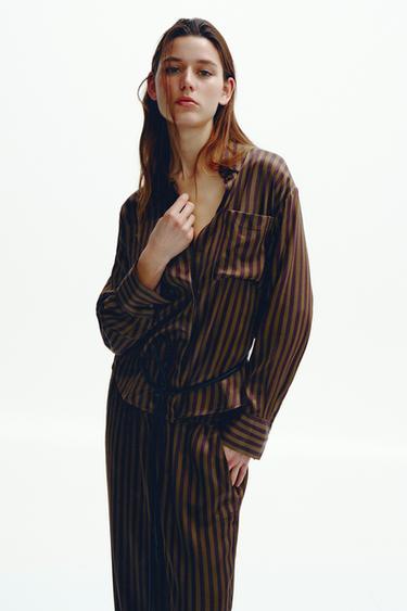 STRIPED SATIN TROUSERS - Khaki by Zara - Image 2