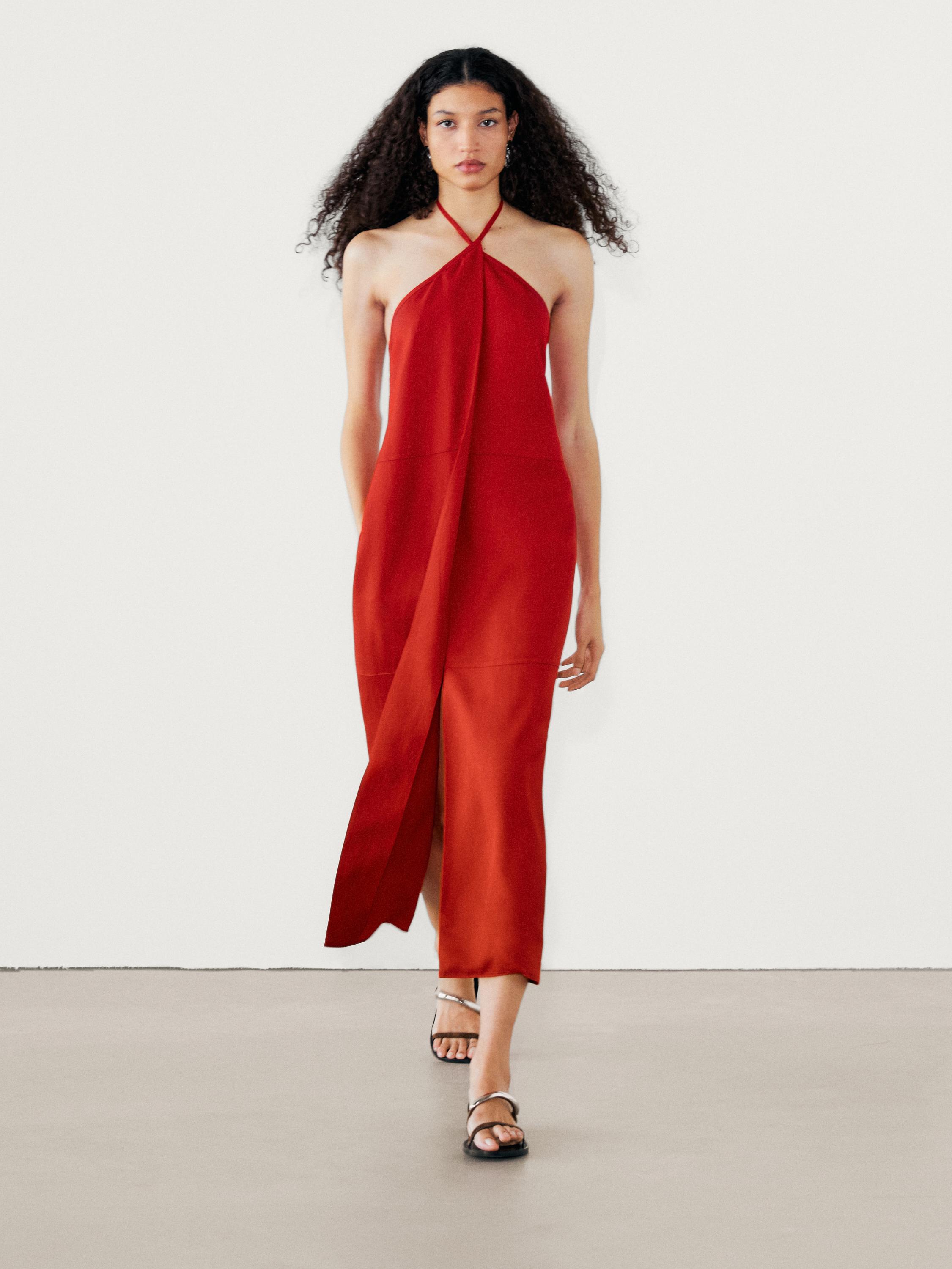 Halter midi dress with pleated detail Red ZARA United States