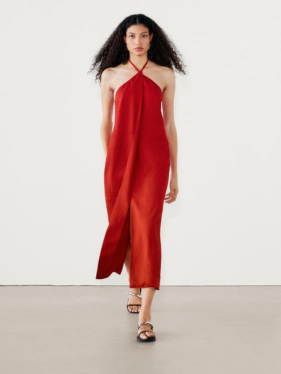 Halter midi dress with pleated detail - Red | ZARA United States