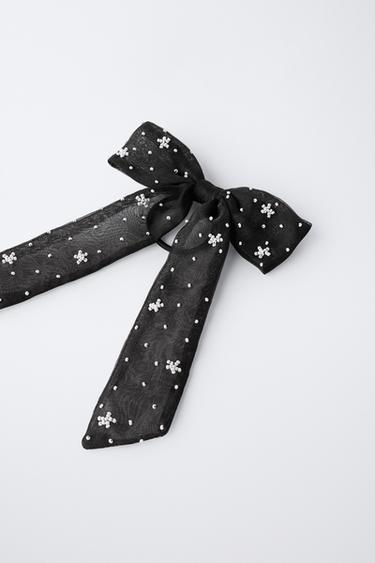 ORGANZA BEADED BOW SCRUNCHIE - Black by Zara - Image 1