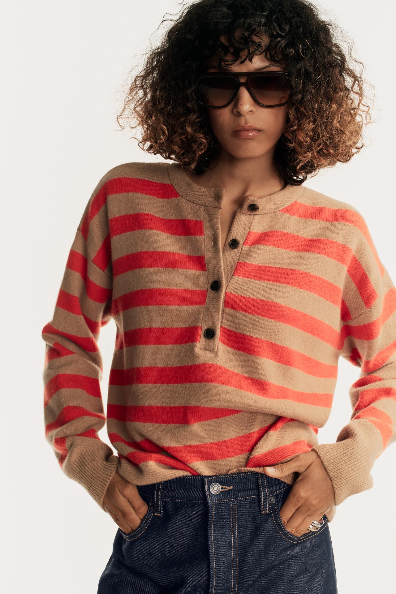 STRIPED WOOL AND CASHMERE SWEATER — taupe brown