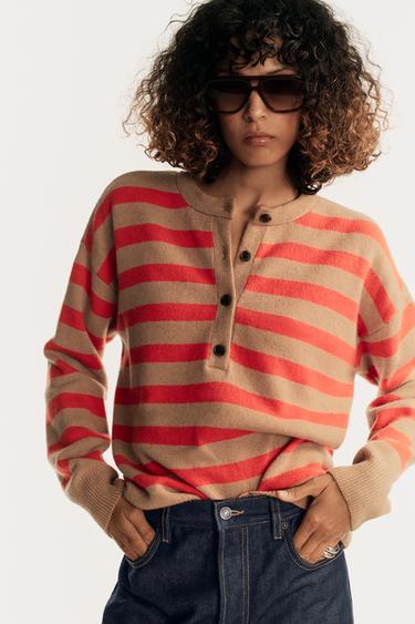 STRIPED WOOL AND CASHMERE JUMPER - camel by Zara