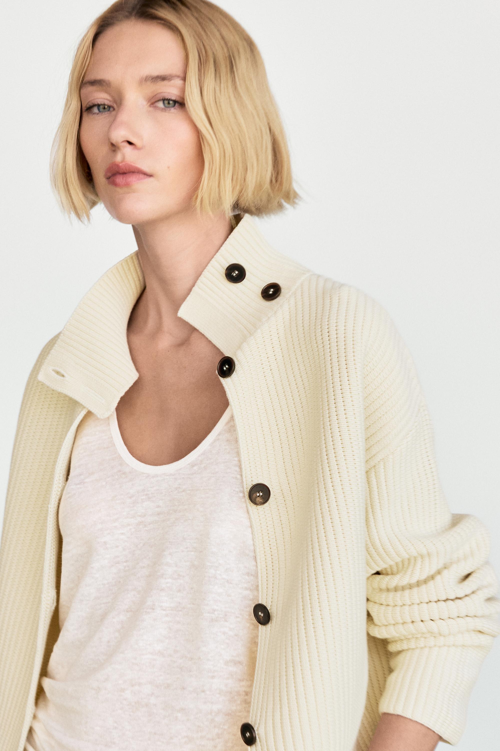 Cotton high neck knit cardigan
