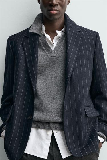 BLAZER RAYÉ EN FLANELLE - Bleu marine de Zara - Image 4