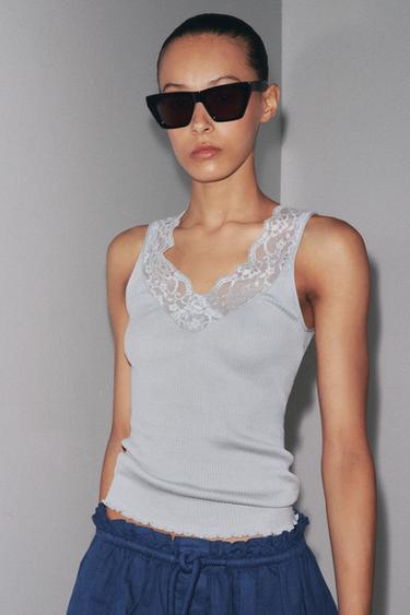 GERIPPTES SPITZEN-T-SHIRT - Blau / Grau von Zara - Bild 0