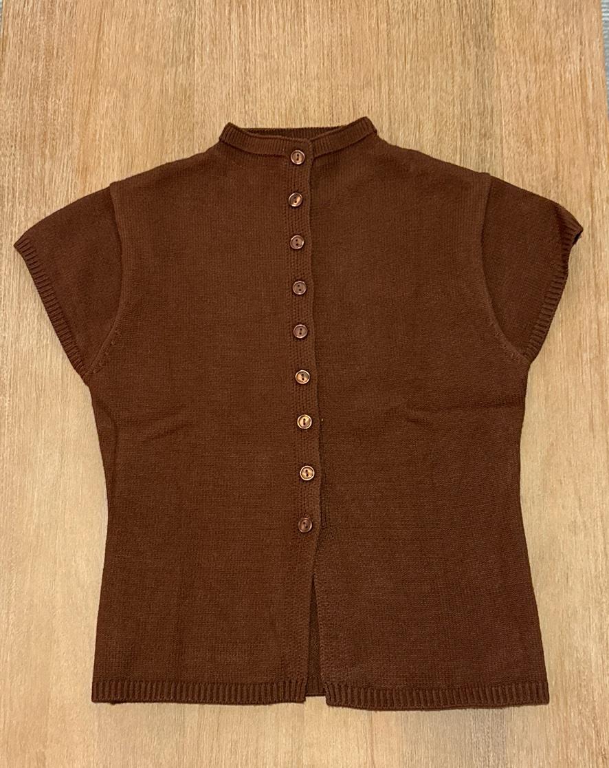 Brown short-sleeved knit top with a high neck and front buttons, on a wooden surface.