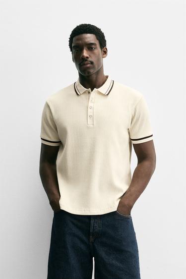 Zara CONTRAST RIBBED POLO SHIRT - Ecru