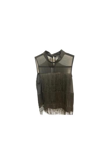 Front view of a black sleeveless blouse with long fringe and a round neck.