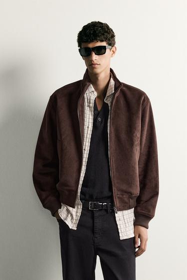 Zara FAUX SUEDE BOMBER JACKET - Dark brown