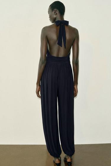 Zara DRAPED HALTER BLOUSE JUMPSUIT - Midnight blue