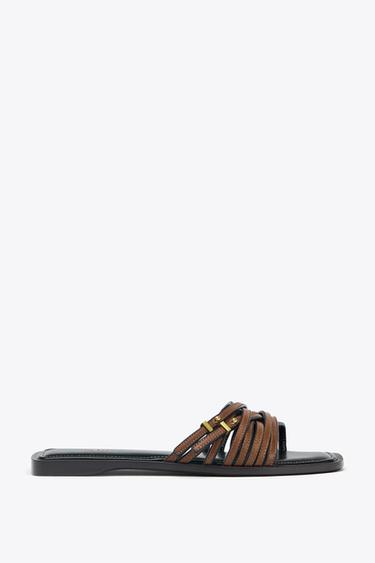 КОЖАНЫЕ ШЛЕПАНЦЫ С РЕМЕШКАМИ И ПРЯЖКОЙ — Коричневый от Zara