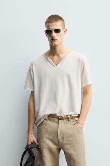 Zara IRREGULAR HENLEY T-SHIRT - Ecru