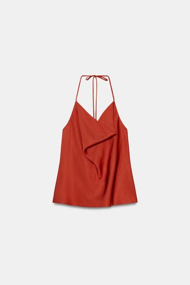 Zara FLOWY NECKLINE SATIN EFFECT TOP - Brick