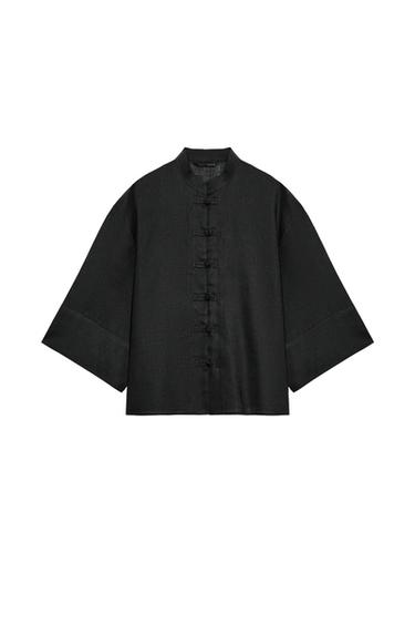 LINEN BLEND SHIRT WITH FROG FASTENING - Grey / Blue by Zara
