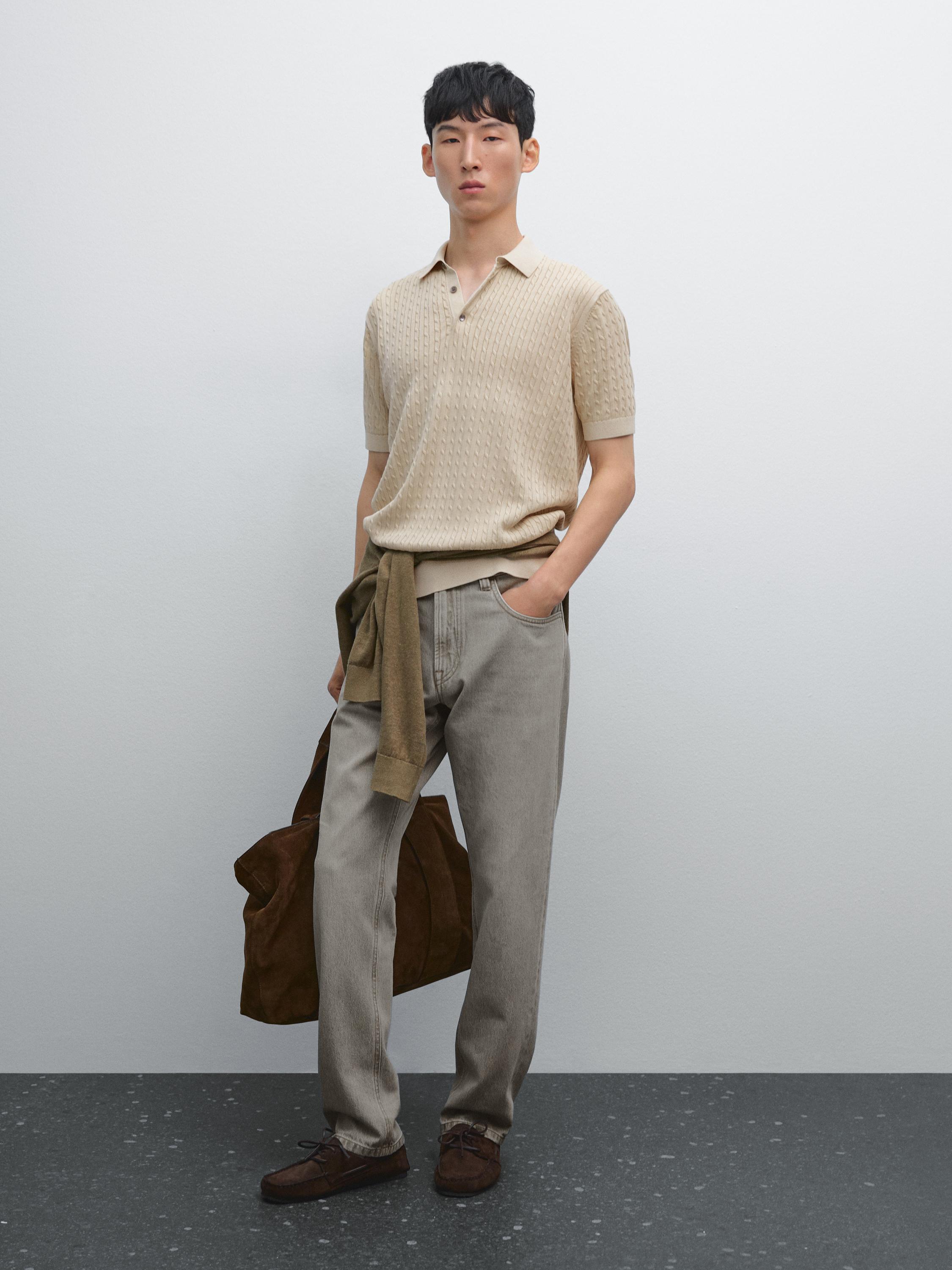 Pull polo en maille tressée 100 % coton