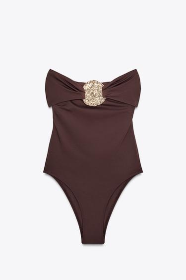 Zara BANDEAU SWIMSUIT WITH METAL DETAIL - Brown