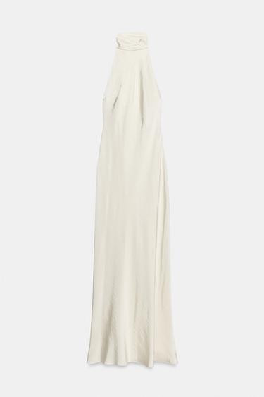Zara SATIN TIE-DETAIL MAXI DRESS - Oyster-white