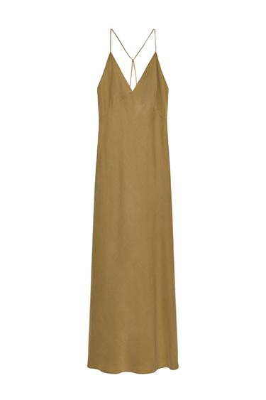 Front view of a long brown dress with spaghetti straps and a V-neck.