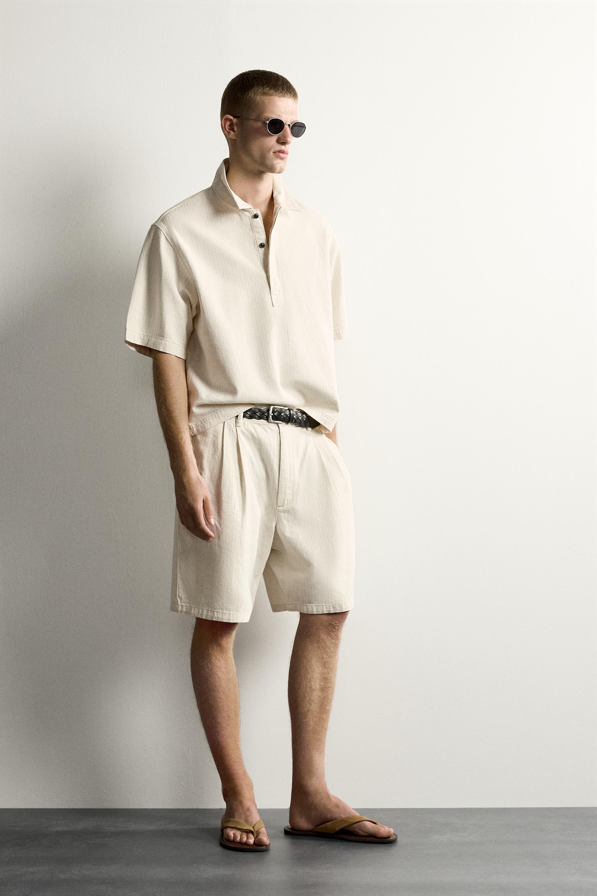 WIDE FIT STRIPED PLEATED SHORTS
