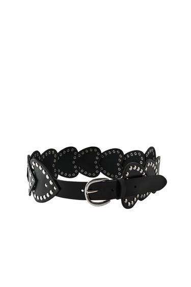 Front view of a black belt with studs and a silver buckle.