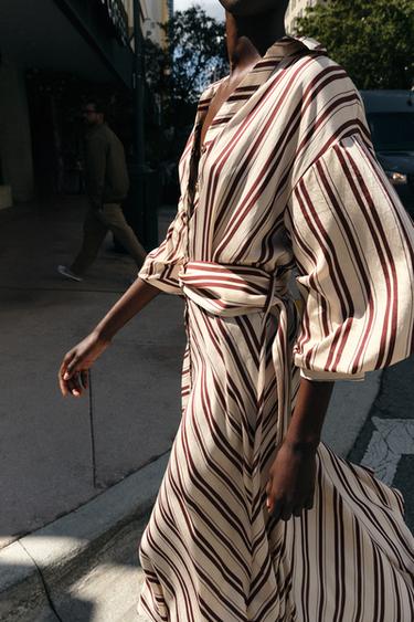 STRIPED MIDI DRESS WITH BELT - Ecru / Maroon by Zara