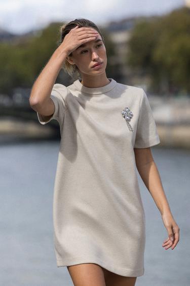 JEWEL APPLIQUÉ HERRINGBONE DRESS - Sand / Marl by Zara - Image 1