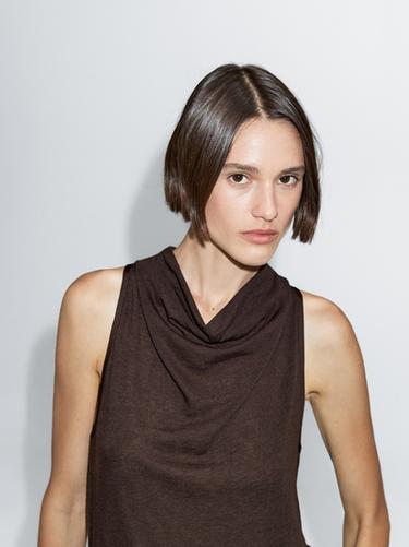 Zara Sleeveless top with draped neckline - Dark brown