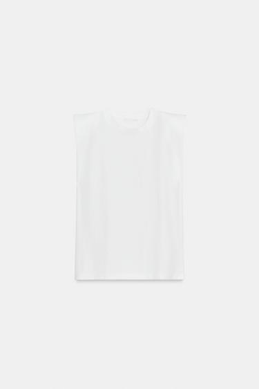 Zara SLEEVELESS SHOULDER PAD T-SHIRT - White