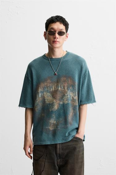 WASHED PRINT KNIT T-SHIRT - Faded blue by Zara