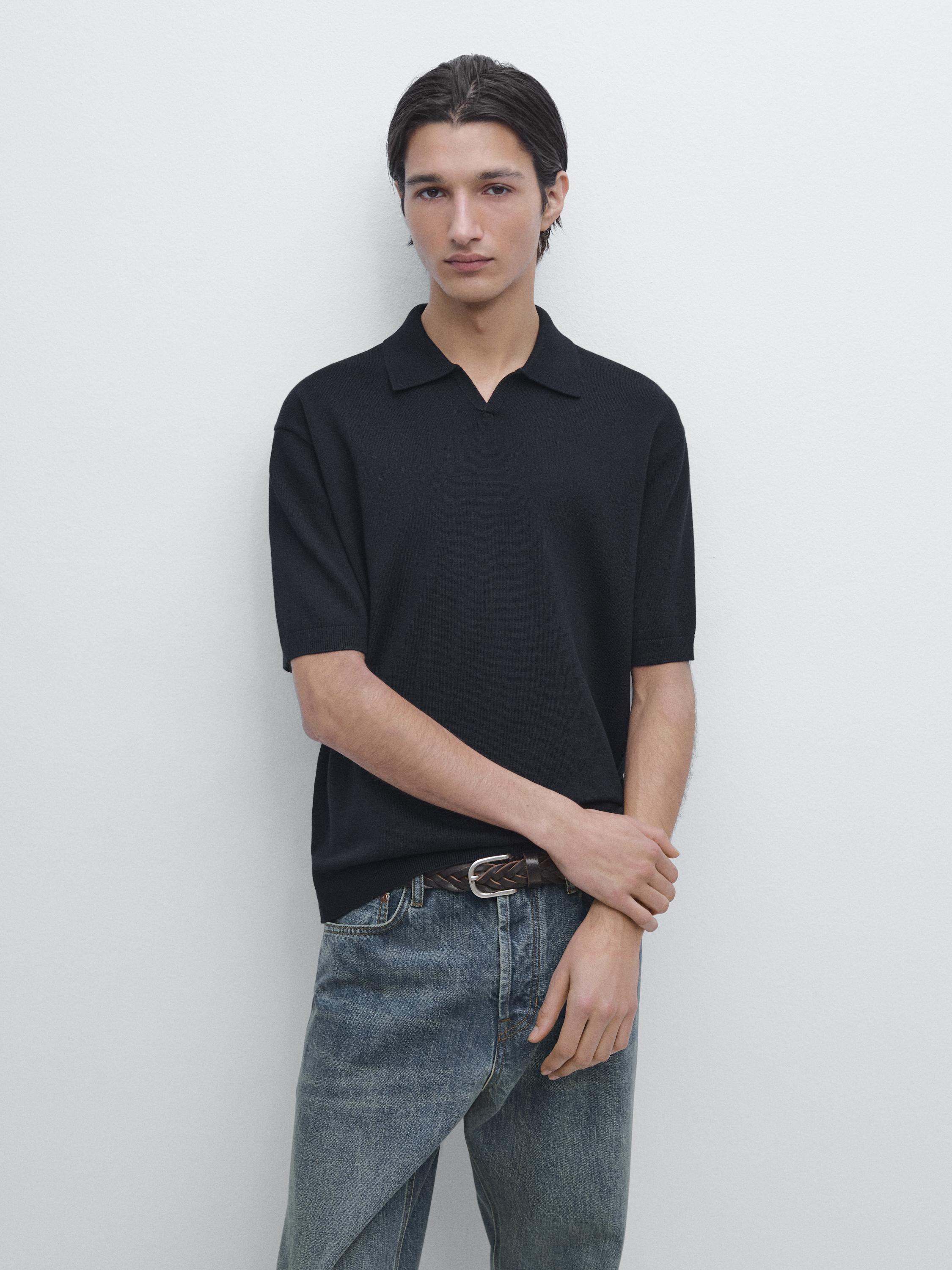 Cotton blend knit polo sweater