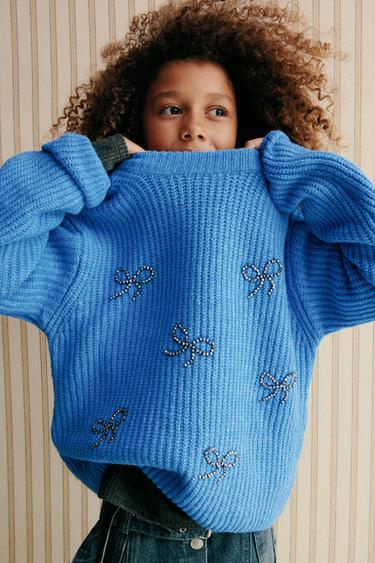 JERSEY DE PUNTO CON ABALORIOS LAZOS BRILLO - Azul de Zara