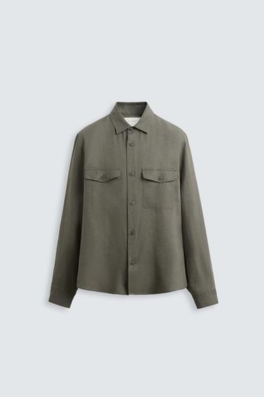 100% LINEN OVERSHIRT - Dark khaki by Zara