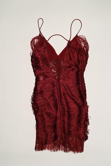 SHORT LACE DRESS WITH FRINGING - Intense red by Zara