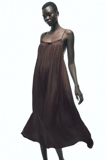 Zara SATIN SLIP DRESS - Brown