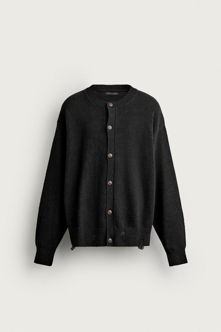 DISTRESSED RELAXED FIT CARDIGAN — Black