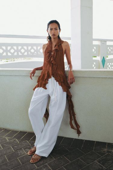 ZW COLLECTION HALTER TOP WITH RUFFLES - Brick by Zara
