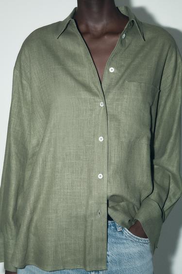 Zara OVERSIZED LINEN SHIRT - Khaki