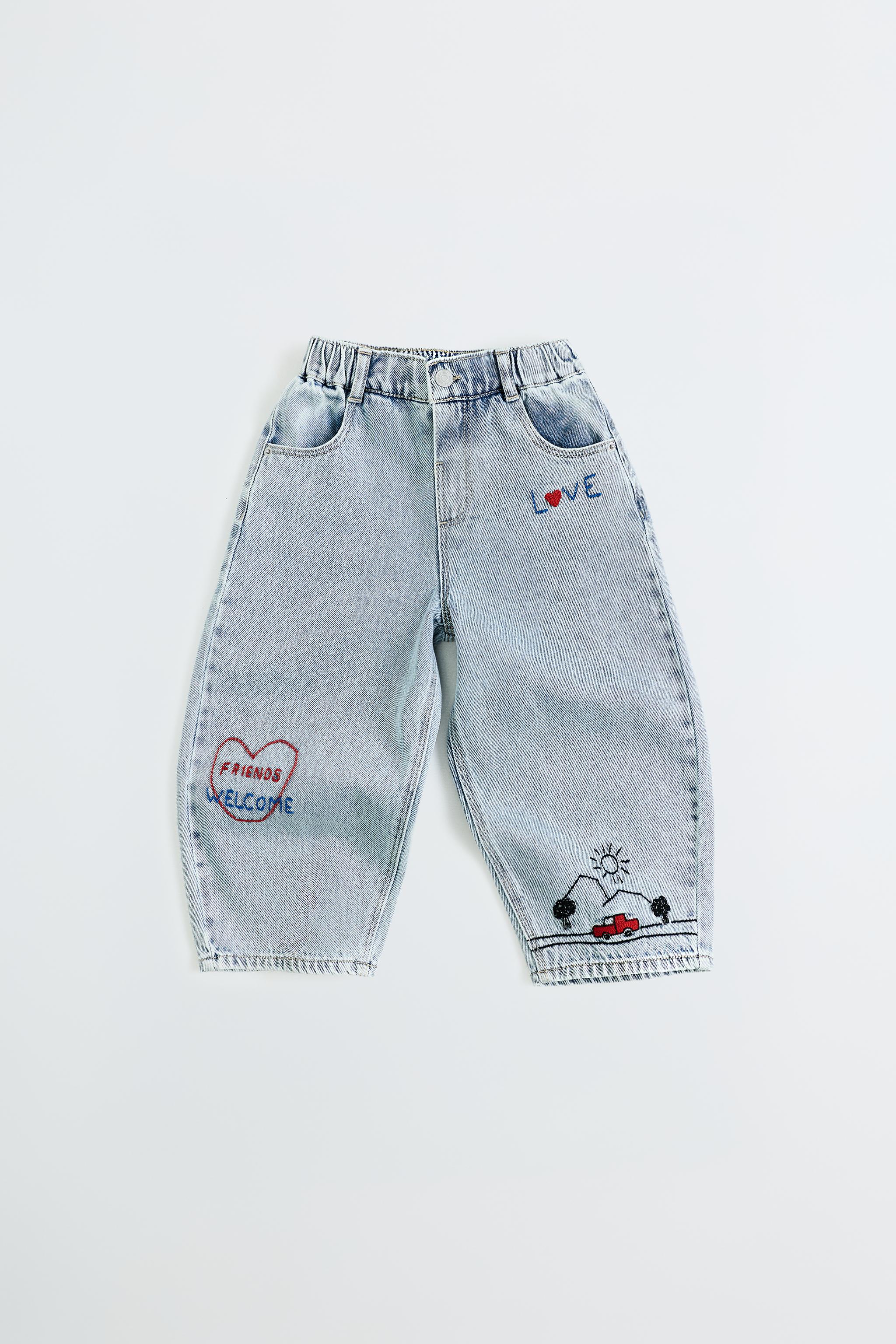 HEART EMBROIDERED BAGGY JEANS — Light blue