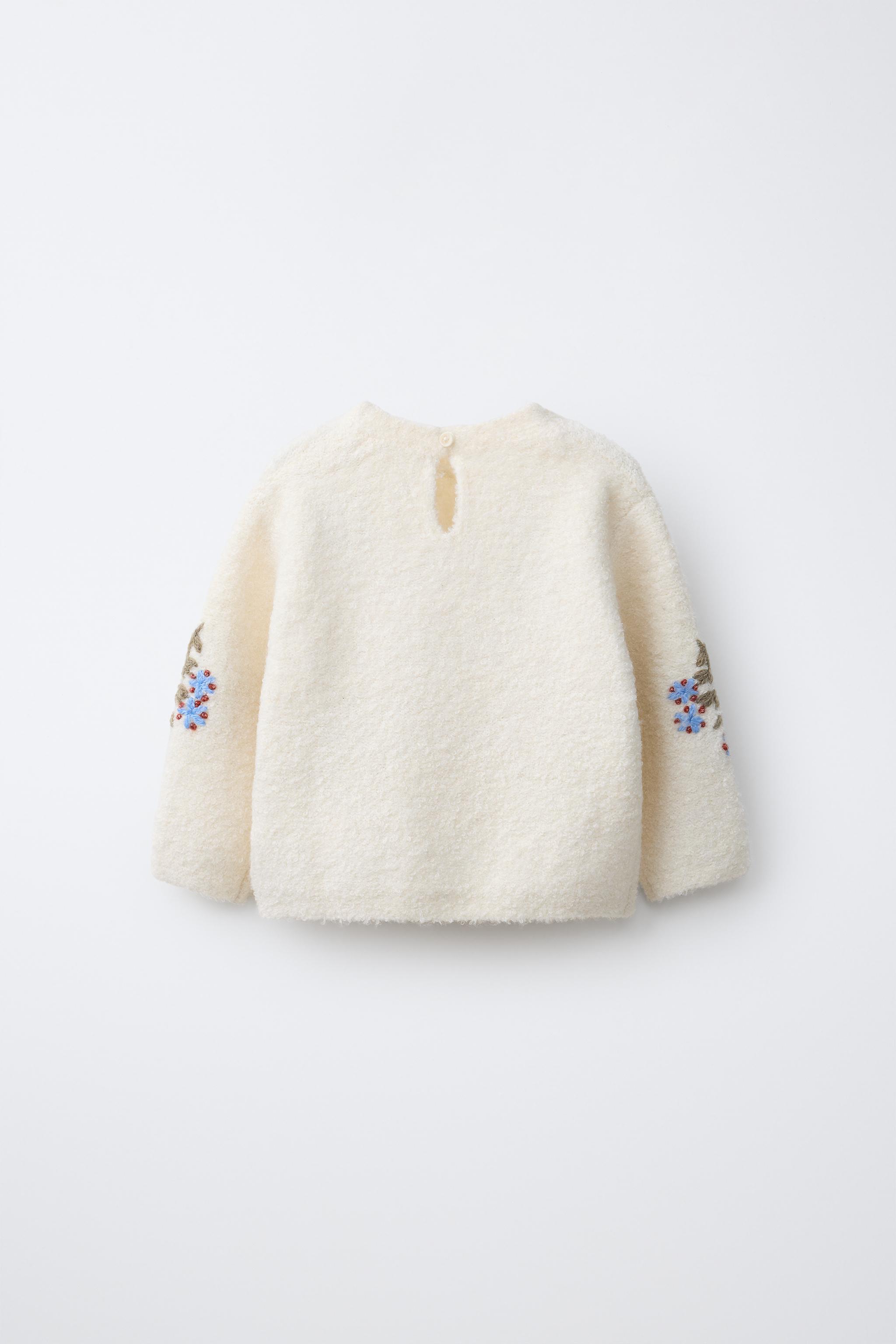 EMBROIDERED FLOWER KNIT SWEATER — Ecru