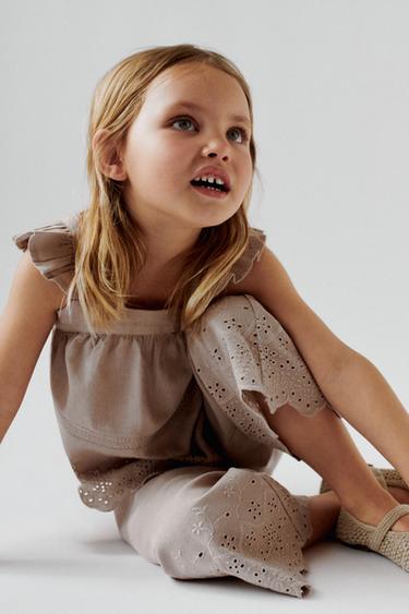 Zara EMBROIDERED COTTON LINEN TOP - Stone