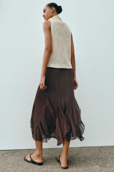 JUPE MI-LONGUE À VOLANTS ET DENTELLE - Marron de Zara - Image 3