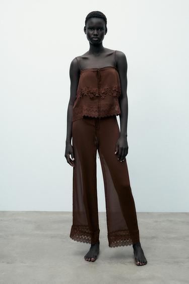 FLOWING LACE TROUSERS - Brown by Zara