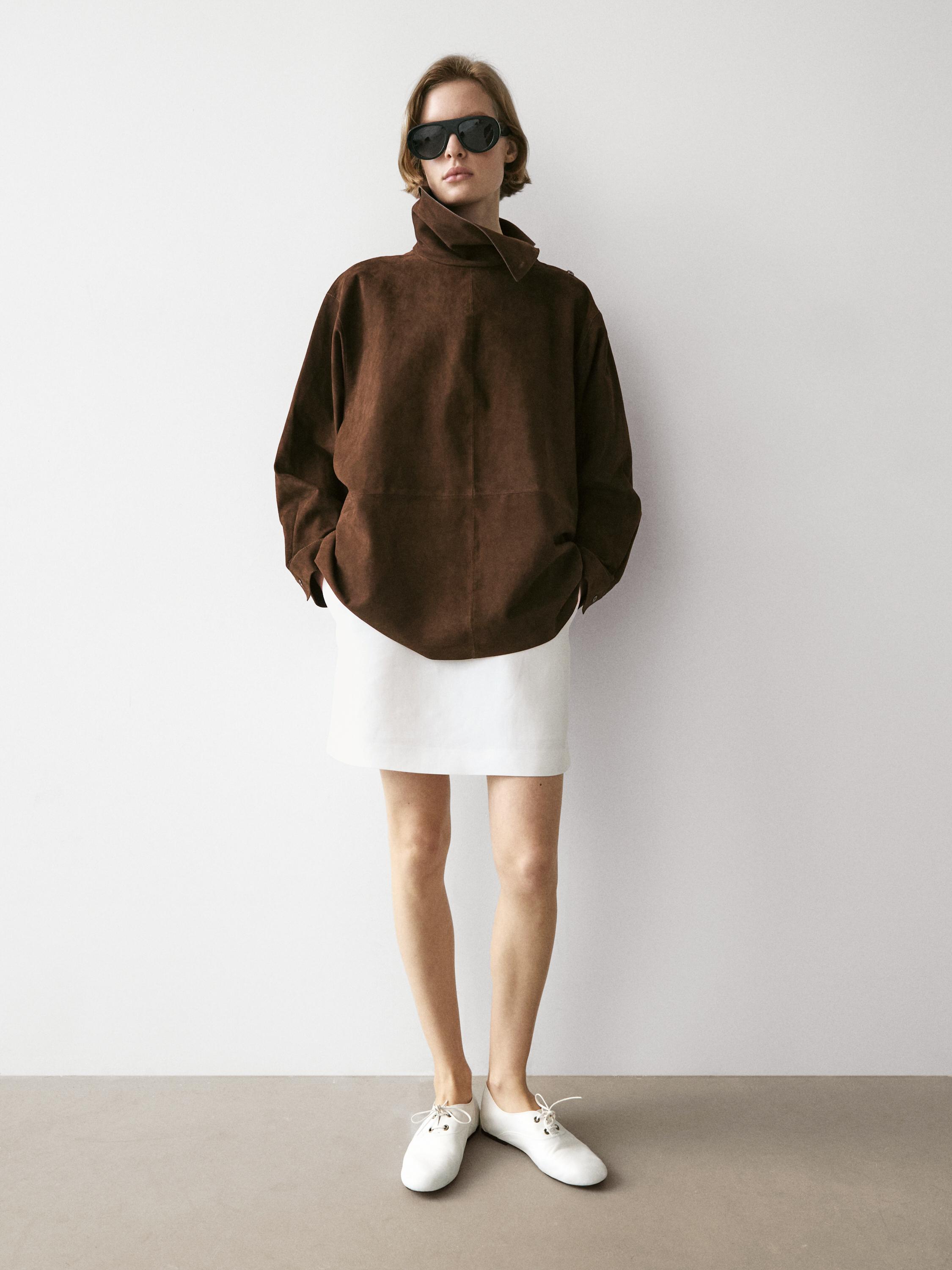Suede leather oversize blouse with high neck