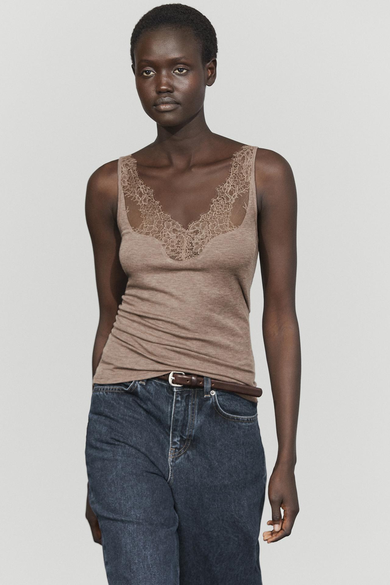 Strappy lace-trimmed camisole top — Bone