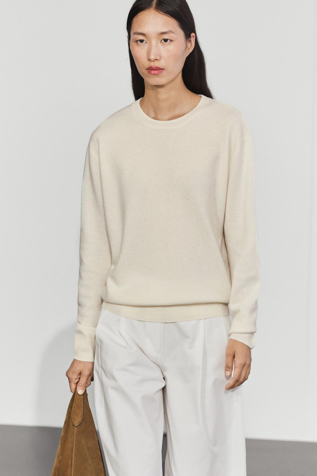 Wool blend crew neck knit sweater — Ecru