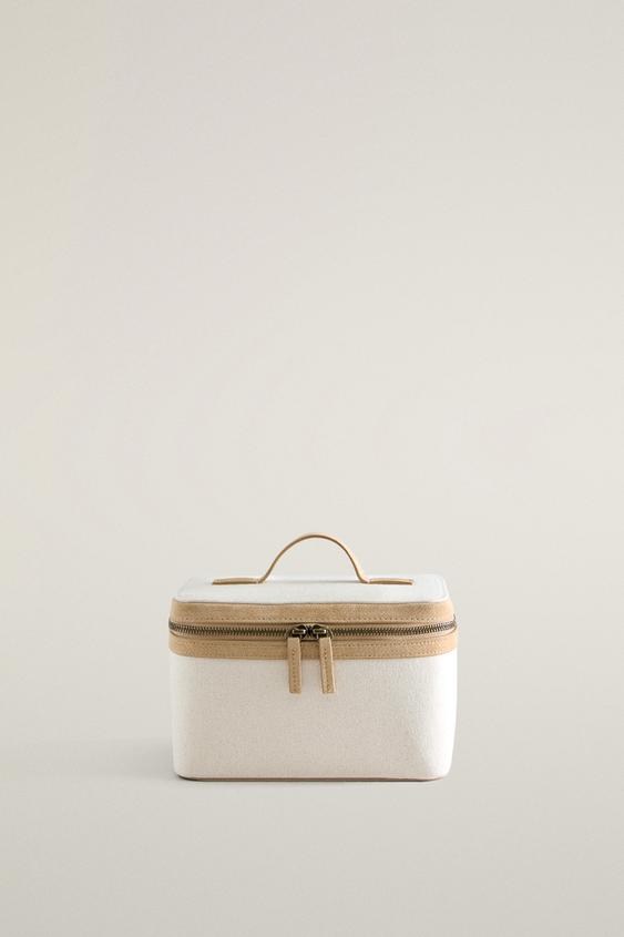 Zara RIGID CANVAS LEATHER MAKEUP BAG - Off White - Image 0