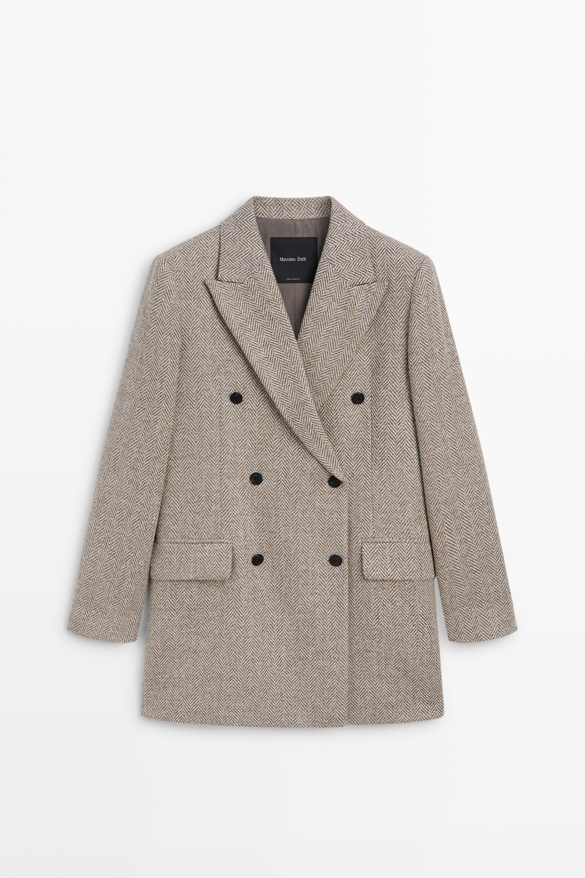 Mid-length double-breasted herringbone coat